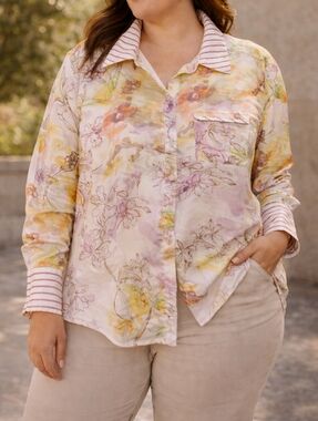 Addition Elle Plus Size Floral Watercolor Button Down Blouse Long Sleeve